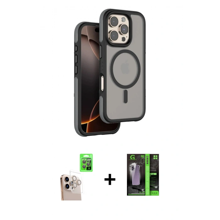 MARSİLYAN™- iPhone 16 Pro Max Kılıf Çekirdek Minimal Prime - Şeffaf 360 Full Body Arka Koruyucu + Raze Metal Kamera Lens - NLGY