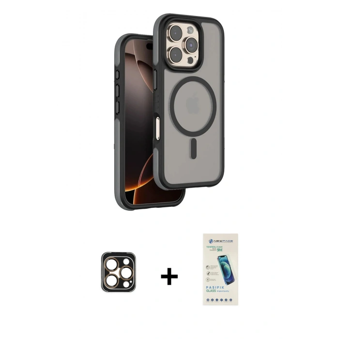 MARSİLYAN™- iPhone 16 Pro Max Kılıf Çekirdek Minimal Prime - Şeffaf Pasifik Cam Ekran Koruyucu + PVD Metal Kamera Lens - GD