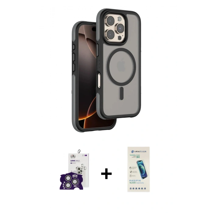 MARSİLYAN™- iPhone 16 Pro Max Kılıf Çekirdek Minimal Prime - Şeffaf Pasifik Cam Ekran Koruyucu + Gümüş Bilvis Titan Kamera Lens