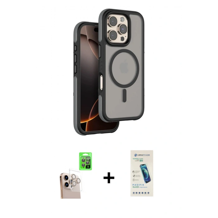 MARSİLYAN™- iPhone 16 Pro Max Kılıf Çekirdek Minimal Prime - Şeffaf Pasifik Cam Ekran Koruyucu + Raze Metal Kamera Lens - NLGY