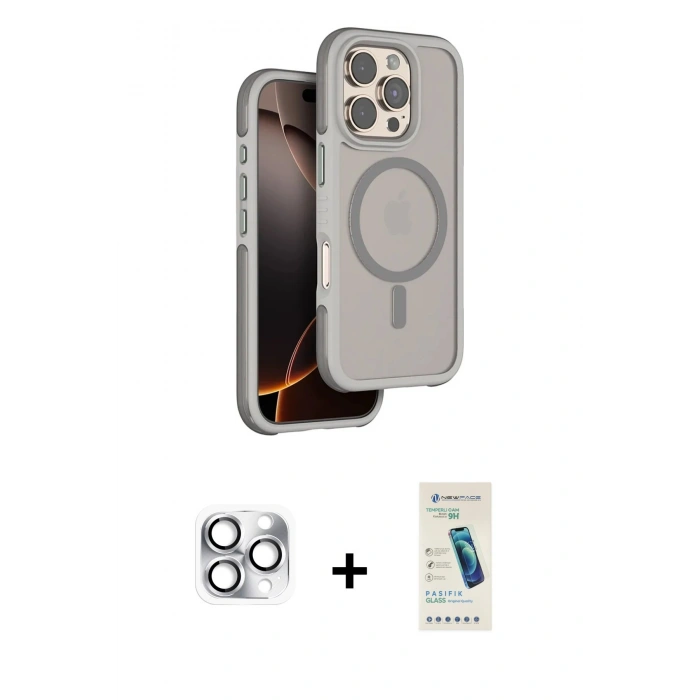 MARSİLYAN™- iPhone 16 Pro Max Kılıf Çekirdek Minimal Prime - Şeffaf Pasifik Cam Ekran Koruyucu + Pers Alüminyum Kamera Lens - GS