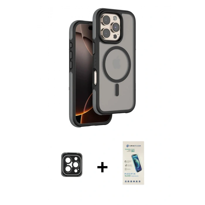 MARSİLYAN™- iPhone 16 Pro Max Kılıf Çekirdek Minimal Prime - Şeffaf Pasifik Cam Ekran Koruyucu + PVD Metal Kamera Lens - SH