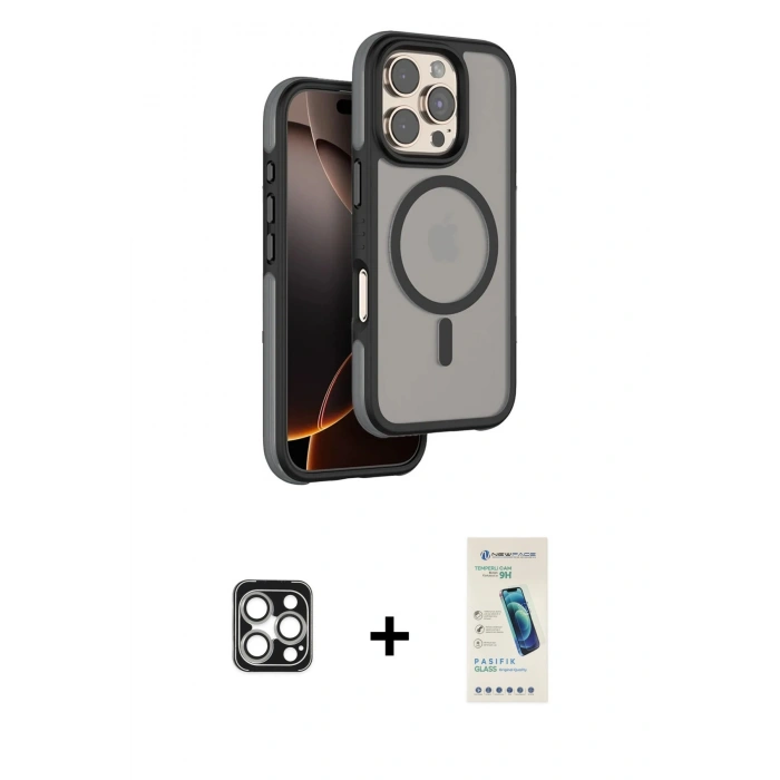 MARSİLYAN™- iPhone 16 Pro Max Kılıf Çekirdek Minimal Prime - Şeffaf Pasifik Cam Ekran Koruyucu + PVD Metal Kamera Lens - GS