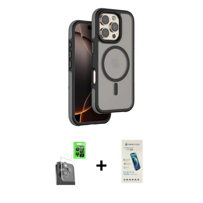 MARSİLYAN™- iPhone 16 Pro Max Kılıf Çekirdek Minimal Prime - Şeffaf Pasifik Cam Ekran Koruyucu + Raze Metal Kamera Lens - SH