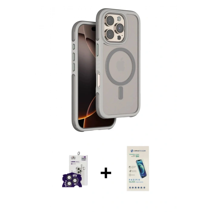 MARSİLYAN™- iPhone 16 Pro Max Kılıf Çekirdek Minimal Prime - Şeffaf Pasifik Cam Ekran Koruyucu + Titanyum Gri Bilvis Titan Kamera Lens