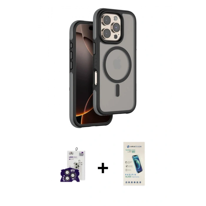 MARSİLYAN™- iPhone 16 Pro Max Kılıf Çekirdek Minimal Prime - Şeffaf Pasifik Cam Ekran Koruyucu + Titanyum Gri Bilvis Titan Kamera Lens