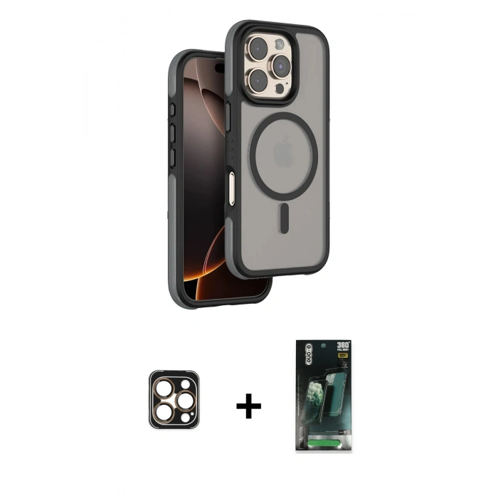 MARSİLYAN™- iPhone 16 Pro Max Kılıf Çekirdek Minimal Prime - Siyah 360 Mat Full Body Arka Koruyucu + Gold PVD Metal Kamera Lens