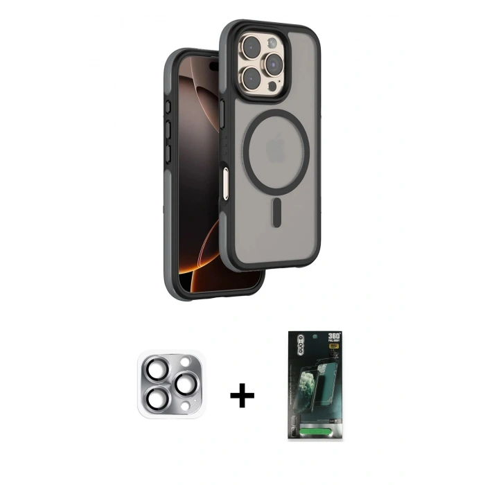 MARSİLYAN™- iPhone 16 Pro Max Kılıf Çekirdek Minimal Prime - Siyah 360 Mat Full Body Arka Koruyucu + Pers Alüminyum Kamera Lens - GI
