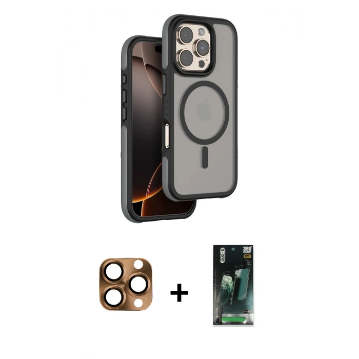 MARSİLYAN™- iPhone 16 Pro Max Kılıf Çekirdek Minimal Prime - Siyah 360 Mat Full Body Arka Koruyucu + Pers Alüminyum Kamera Lens - CLTM