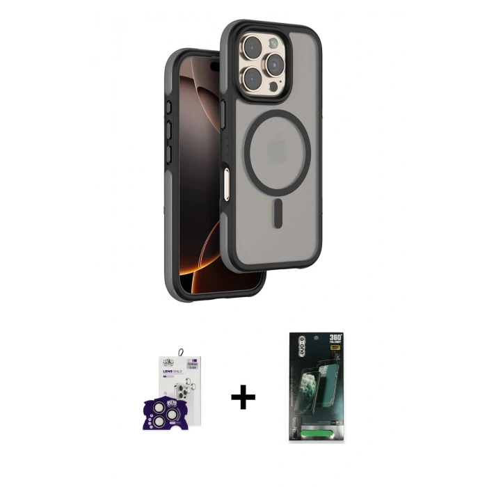 MARSİLYAN™- iPhone 16 Pro Max Kılıf Çekirdek Minimal Prime - Siyah 360 Mat Full Body Arka Koruyucu + Bilvis Titan Kamera Lens - TMGI