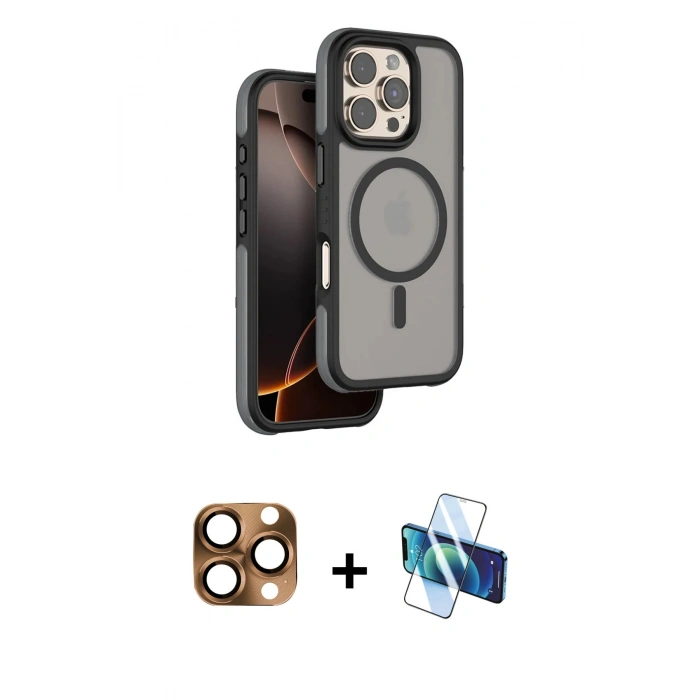 MARSİLYAN™- iPhone 16 Pro Max Kılıf Çekirdek Minimal Prime - Siyah 3D Antistatik Cam Ekran Koruyucu + Pers Alüminyum Kamera Lens - CLTM