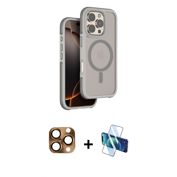 MARSİLYAN™- iPhone 16 Pro Max Kılıf Çekirdek Minimal Prime - Siyah 3D Antistatik Cam Ekran Koruyucu + Pers Alüminyum Kamera Lens - CLTM