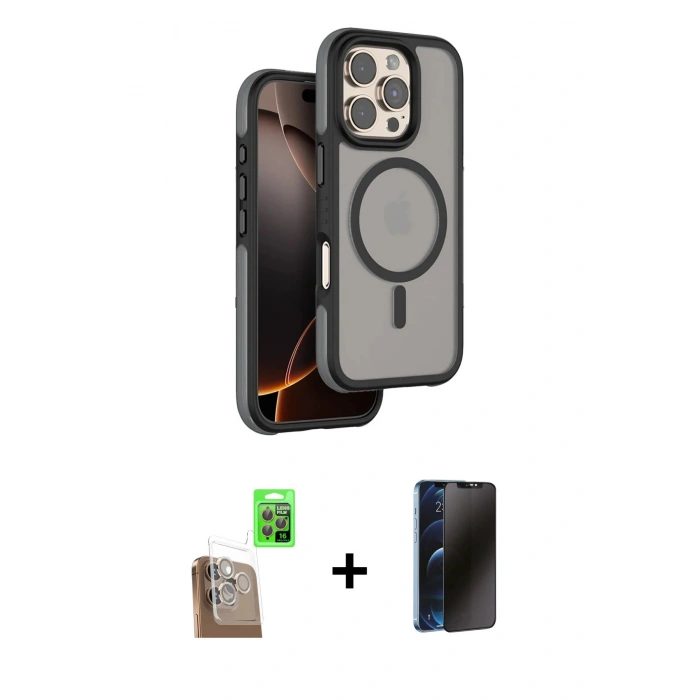 MARSİLYAN™- iPhone 16 Pro Max Kılıf Çekirdek Minimal Prime - Siyah 3D Antistatik Hayalet Cam Ekran Koruyucu + Raze Metal Kamera Lens - CLTM