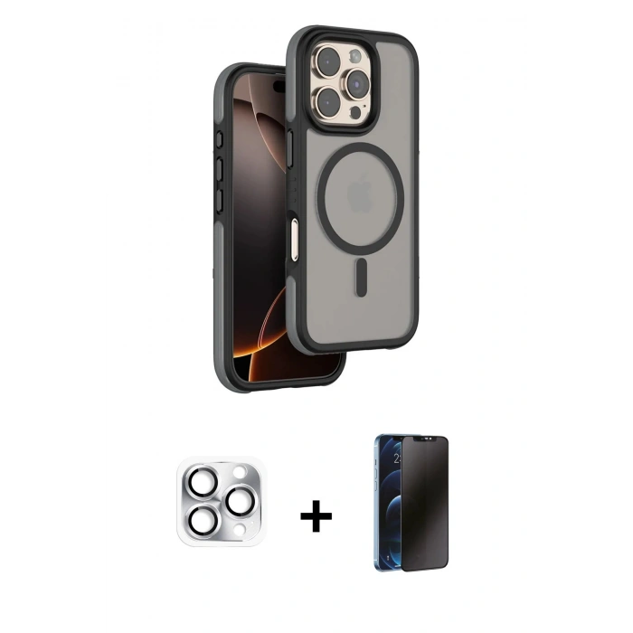 MARSİLYAN™- iPhone 16 Pro Max Kılıf Çekirdek Minimal Prime - Siyah 3D Antistatik Hayalet Cam Ekran Koruyucu + Pers Alüminyum Kamera Lens - GS
