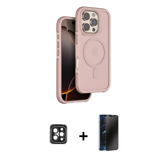 MARSİLYAN™- iPhone 16 Pro Max Kılıf Çekirdek Minimal Prime - Siyah 3D Antistatik Hayalet Cam Ekran Koruyucu + PVD Metal Kamera Lens - SH