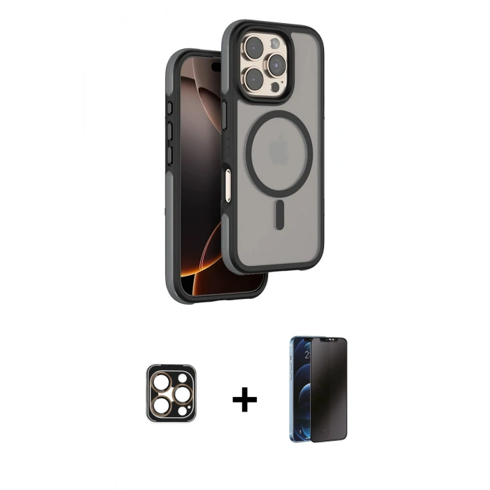 MARSİLYAN™- iPhone 16 Pro Max Kılıf Çekirdek Minimal Prime - Siyah 3D Antistatik Hayalet Cam Ekran Koruyucu + PVD Metal Kamera Lens - GD