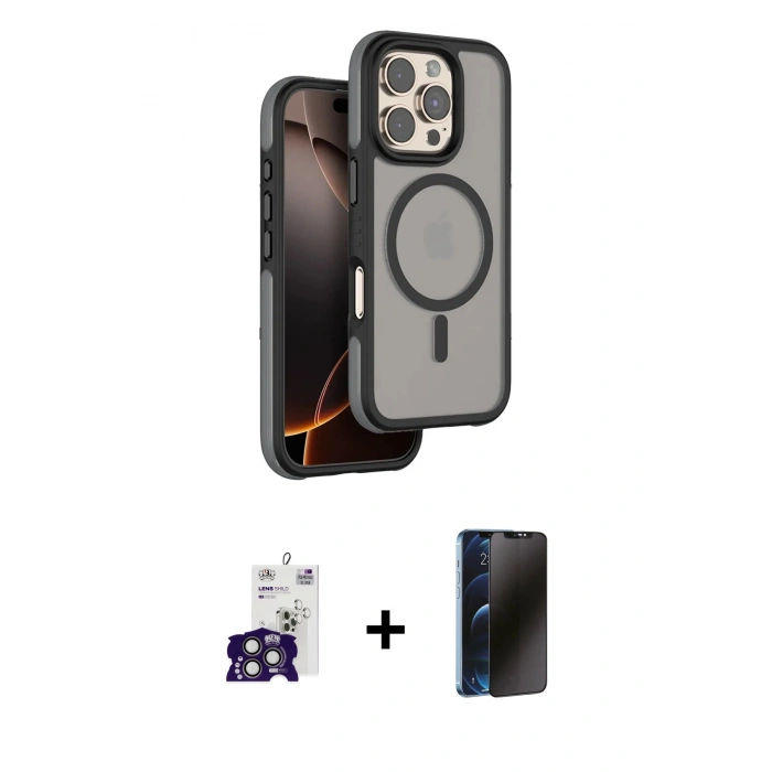 MARSİLYAN™- iPhone 16 Pro Max Kılıf Çekirdek Minimal Prime - Siyah 3D Antistatik Hayalet Cam Ekran Koruyucu + Bilvis Titan Kamera Lens - TMGI