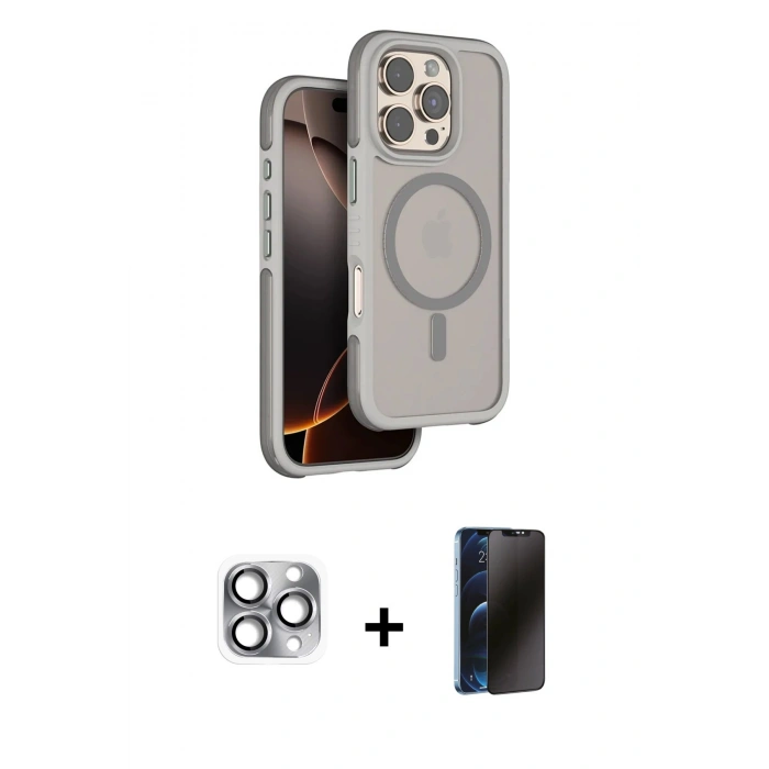 MARSİLYAN™- iPhone 16 Pro Max Kılıf Çekirdek Minimal Prime - Siyah 3D Antistatik Hayalet Cam Ekran Koruyucu + Pers Alüminyum Kamera Lens - GI