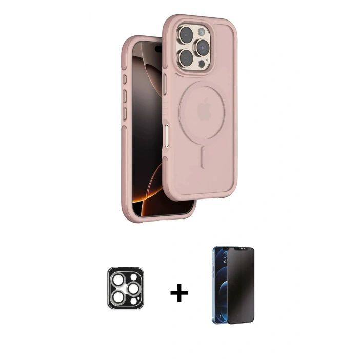 MARSİLYAN™- iPhone 16 Pro Max Kılıf Çekirdek Minimal Prime - Siyah 3D Antistatik Hayalet Cam Ekran Koruyucu + PVD Metal Kamera Lens - GS
