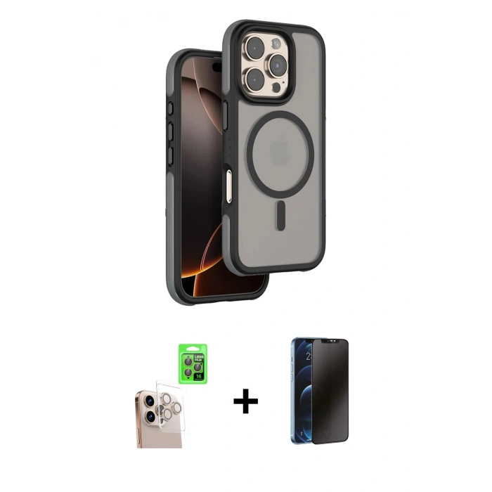 MARSİLYAN™- iPhone 16 Pro Max Kılıf Çekirdek Minimal Prime - Siyah 3D Antistatik Hayalet Cam Ekran Koruyucu + Raze Metal Kamera Lens - NLGY