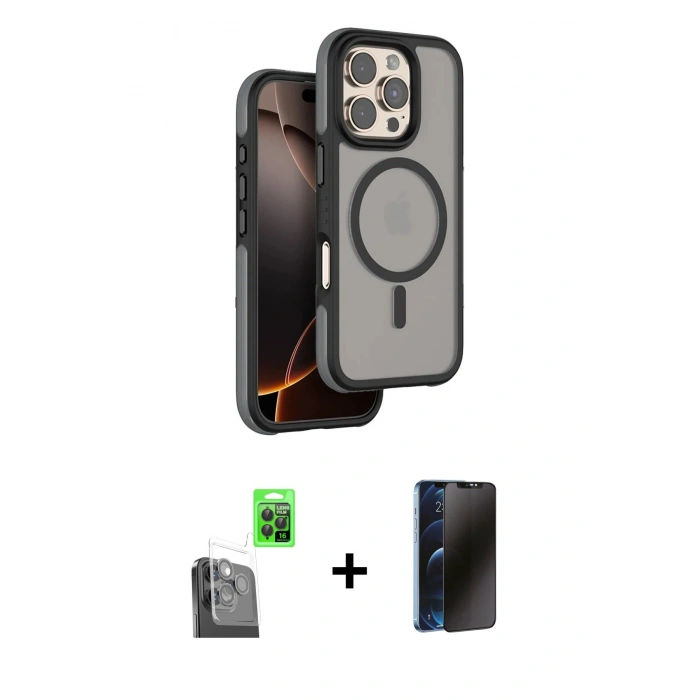 MARSİLYAN™- iPhone 16 Pro Max Kılıf Çekirdek Minimal Prime - Siyah 3D Antistatik Hayalet Cam Ekran Koruyucu + Raze Metal Kamera Lens - SH