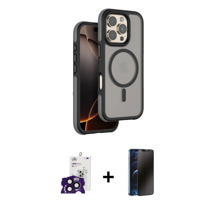 MARSİLYAN™- iPhone 16 Pro Max Kılıf Çekirdek Minimal Prime - Siyah 3D Antistatik Hayalet Cam Ekran Koruyucu + Bilvis Titan Kamera Lens - SH