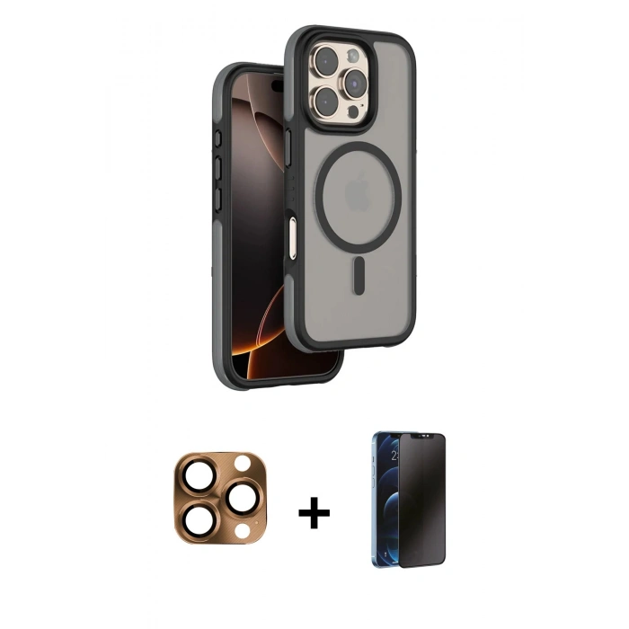 MARSİLYAN™- iPhone 16 Pro Max Kılıf Çekirdek Minimal Prime - Siyah 3D Antistatik Hayalet Cam Ekran Koruyucu + Pers Alüminyum Kamera Lens - CLTM