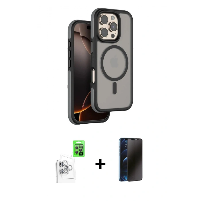 MARSİLYAN™- iPhone 16 Pro Max Kılıf Çekirdek Minimal Prime - Siyah 3D Antistatik Hayalet Cam Ekran Koruyucu + Raze Metal Kamera Lens - BZ