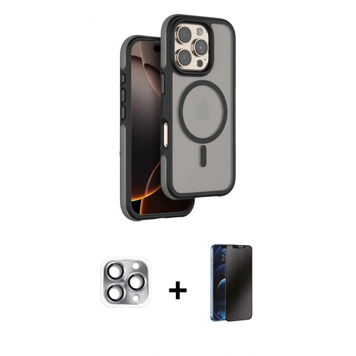 MARSİLYAN™- iPhone 16 Pro Max Kılıf Çekirdek Minimal Prime - Siyah 3D Antistatik Hayalet Cam Ekran Koruyucu + Pers Alüminyum Kamera Lens - GI