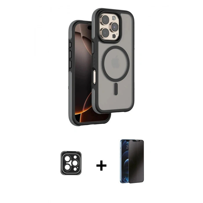 MARSİLYAN™- iPhone 16 Pro Max Kılıf Çekirdek Minimal Prime - Siyah 3D Antistatik Hayalet Cam Ekran Koruyucu + PVD Metal Kamera Lens - SH