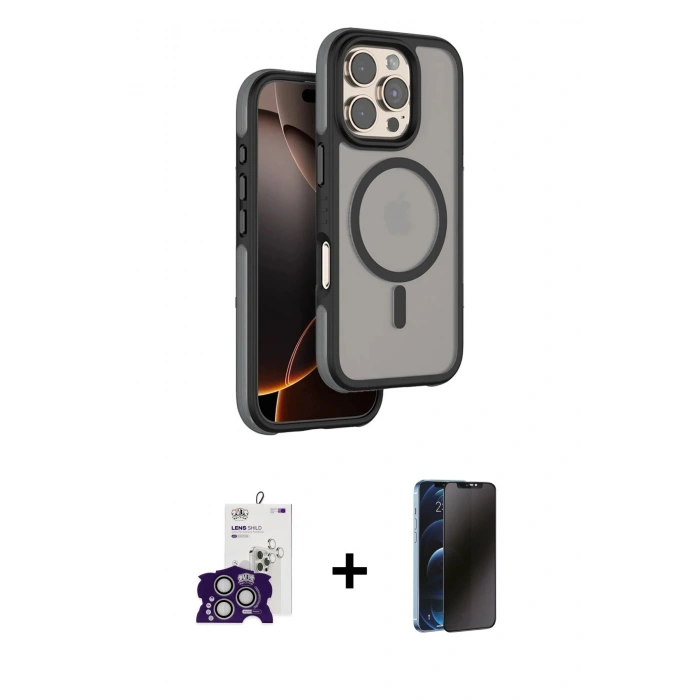 MARSİLYAN™- iPhone 16 Pro Max Kılıf Çekirdek Minimal Prime - Siyah 3D Antistatik Hayalet Cam Ekran Koruyucu + Bilvis Titan Kamera Lens - GS