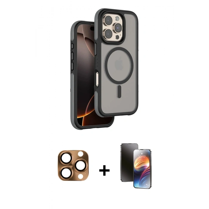 MARSİLYAN™- iPhone 16 Pro Max Kılıf Çekirdek Minimal Prime - Siyah 3D Antistatik Mat Seramik Nano Ekran Koruyucu + Pers Alüminyum Kamera Lens - CLTM