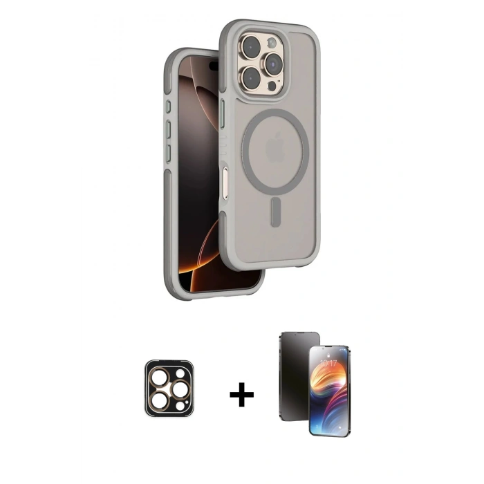 MARSİLYAN™- iPhone 16 Pro Max Kılıf Çekirdek Minimal Prime - Siyah 3D Antistatik Mat Seramik Nano Ekran Koruyucu + PVD Metal Kamera Lens - GD