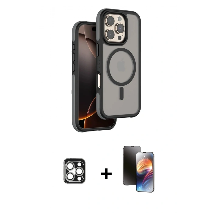 MARSİLYAN™- iPhone 16 Pro Max Kılıf Çekirdek Minimal Prime - Siyah 3D Antistatik Mat Seramik Nano Ekran Koruyucu + PVD Metal Kamera Lens - GS