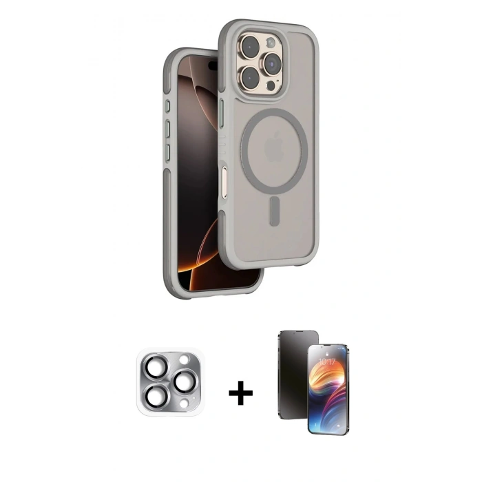 MARSİLYAN™- iPhone 16 Pro Max Kılıf Çekirdek Minimal Prime - Siyah 3D Antistatik Mat Seramik Nano Ekran Koruyucu + Pers Alüminyum Kamera Lens - GI
