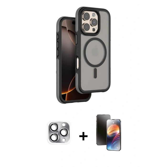 MARSİLYAN™- iPhone 16 Pro Max Kılıf Çekirdek Minimal Prime - Siyah 3D Antistatik Mat Seramik Nano Ekran Koruyucu + Pers Alüminyum Kamera Lens - GI