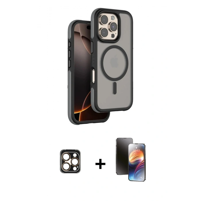 MARSİLYAN™- iPhone 16 Pro Max Kılıf Çekirdek Minimal Prime - Siyah 3D Antistatik Mat Seramik Nano Ekran Koruyucu + PVD Metal Kamera Lens - GD