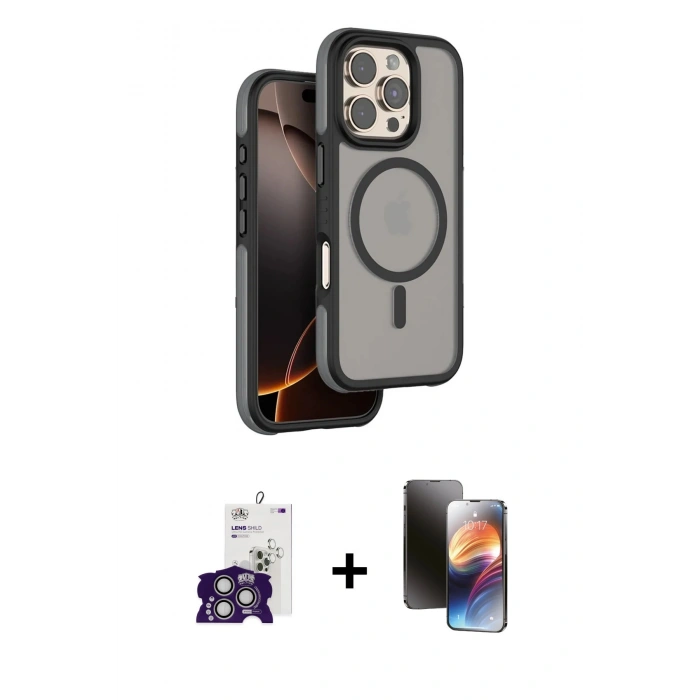 MARSİLYAN™- iPhone 16 Pro Max Kılıf Çekirdek Minimal Prime - Siyah 3D Antistatik Mat Seramik Nano Ekran Koruyucu + Bilvis Titan Kamera Lens - GS