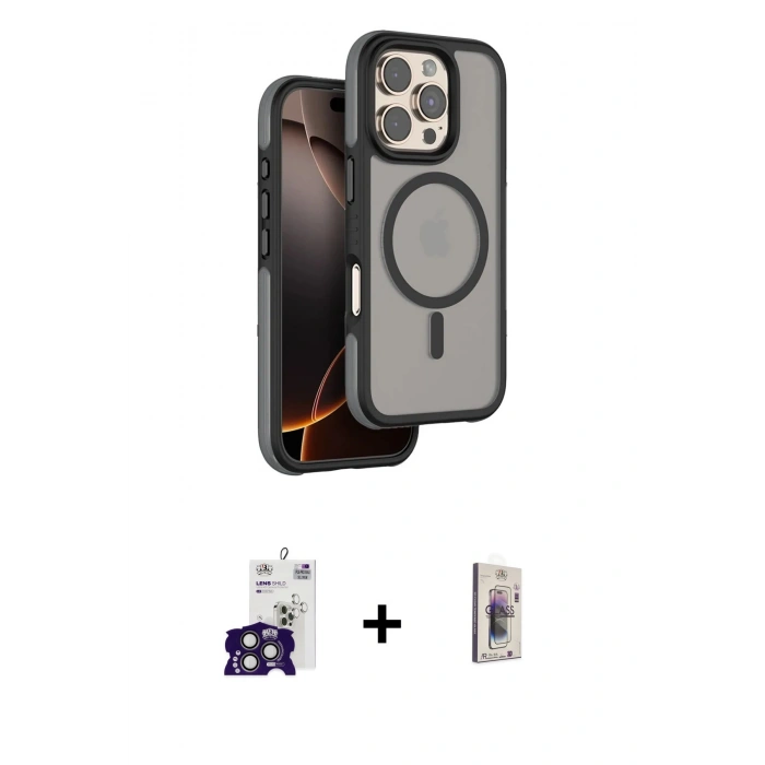 MARSİLYAN™- iPhone 16 Pro Max Kılıf Çekirdek Minimal Prime - Siyah Bilvis 3D Cam Ekran Koruyucu + Bilvis Titan Kamera Lens - TMGI