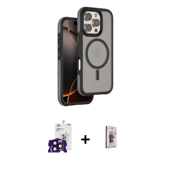 MARSİLYAN™- iPhone 16 Pro Max Kılıf Çekirdek Minimal Prime - Siyah Bilvis 3D Cam Ekran Koruyucu + Bilvis Titan Kamera Lens - SH