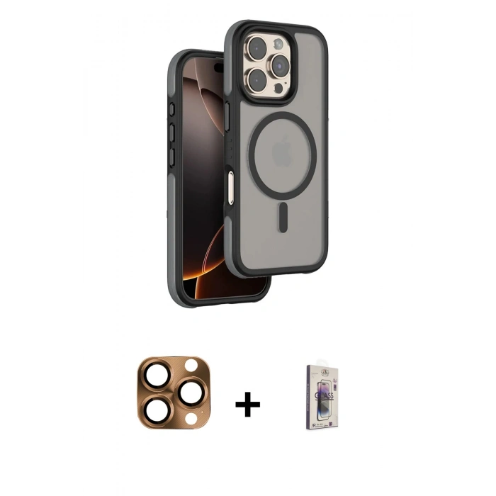 MARSİLYAN™- iPhone 16 Pro Max Kılıf Çekirdek Minimal Prime - Siyah Bilvis 3D Cam Ekran Koruyucu + Pers Alüminyum Kamera Lens - CLTM