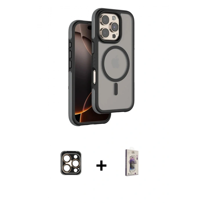 MARSİLYAN™- iPhone 16 Pro Max Kılıf Çekirdek Minimal Prime - Siyah Bilvis 3D Cam Ekran Koruyucu + Gold PVD Metal Kamera Lens