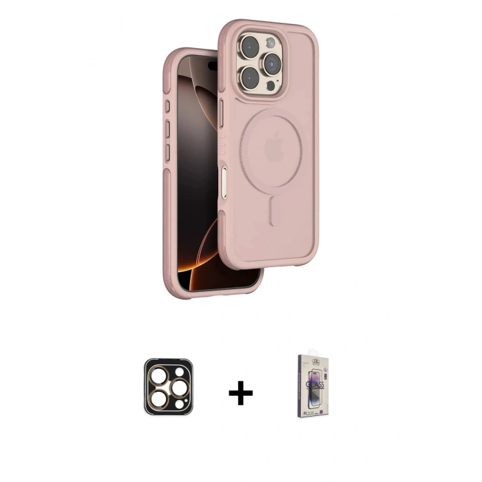 MARSİLYAN™- iPhone 16 Pro Max Kılıf Çekirdek Minimal Prime - Siyah Bilvis 3D Cam Ekran Koruyucu + Gold PVD Metal Kamera Lens