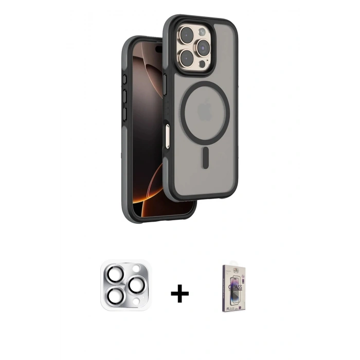 MARSİLYAN™- iPhone 16 Pro Max Kılıf Çekirdek Minimal Prime - Siyah Bilvis 3D Cam Ekran Koruyucu + Pers Alüminyum Kamera Lens - GS