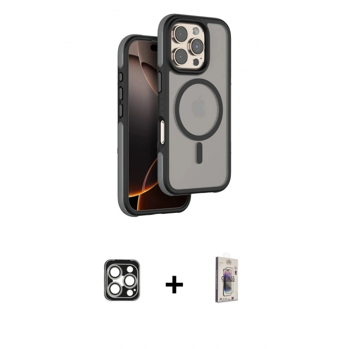 MARSİLYAN™- iPhone 16 Pro Max Kılıf Çekirdek Minimal Prime - Siyah Bilvis 3D Cam Ekran Koruyucu + PVD Metal Kamera Lens - GS