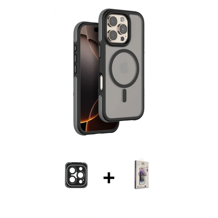 MARSİLYAN™- iPhone 16 Pro Max Kılıf Çekirdek Minimal Prime - Siyah Bilvis 3D Cam Ekran Koruyucu + PVD Metal Kamera Lens - SH