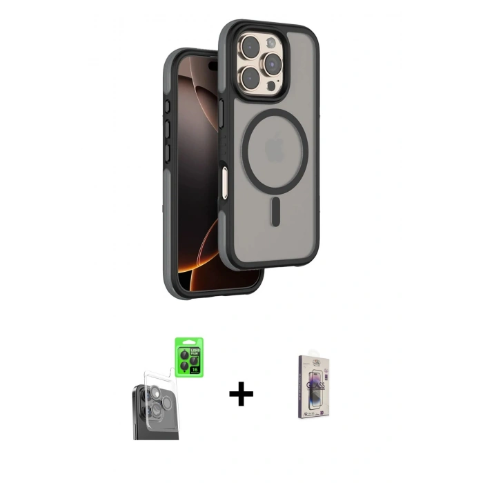 MARSİLYAN™- iPhone 16 Pro Max Kılıf Çekirdek Minimal Prime - Siyah Bilvis 3D Cam Ekran Koruyucu + Raze Metal Kamera Lens - SH