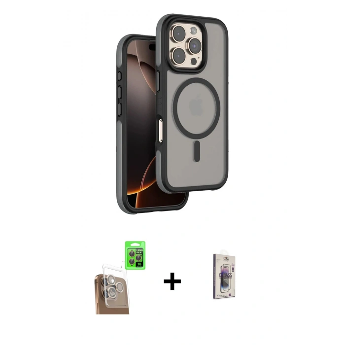 MARSİLYAN™- iPhone 16 Pro Max Kılıf Çekirdek Minimal Prime - Siyah Bilvis 3D Cam Ekran Koruyucu + Raze Metal Kamera Lens - CLTM