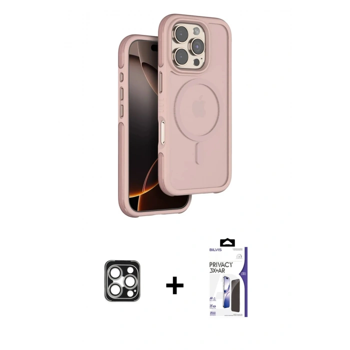 MARSİLYAN™- iPhone 16 Pro Max Kılıf Çekirdek Minimal Prime - Siyah Bilvis 3X AR Hayalet Cam Ekran Koruyucu + PVD Metal Kamera Lens - GS