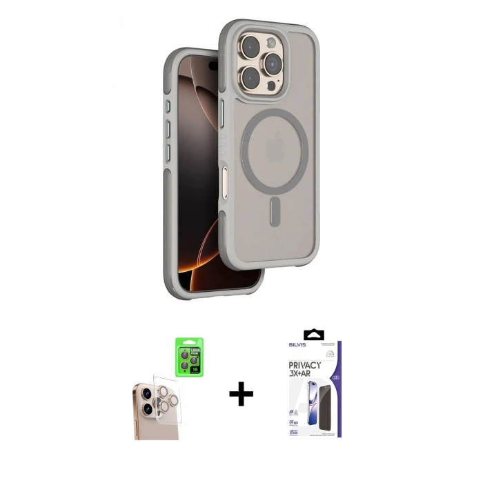MARSİLYAN™- iPhone 16 Pro Max Kılıf Çekirdek Minimal Prime - Siyah Bilvis 3X AR Hayalet Cam Ekran Koruyucu + Raze Metal Kamera Lens - NLGY